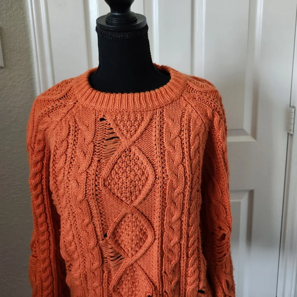 Boohoo Bright Orange Cable Knit Sweater Distressed Details S/M